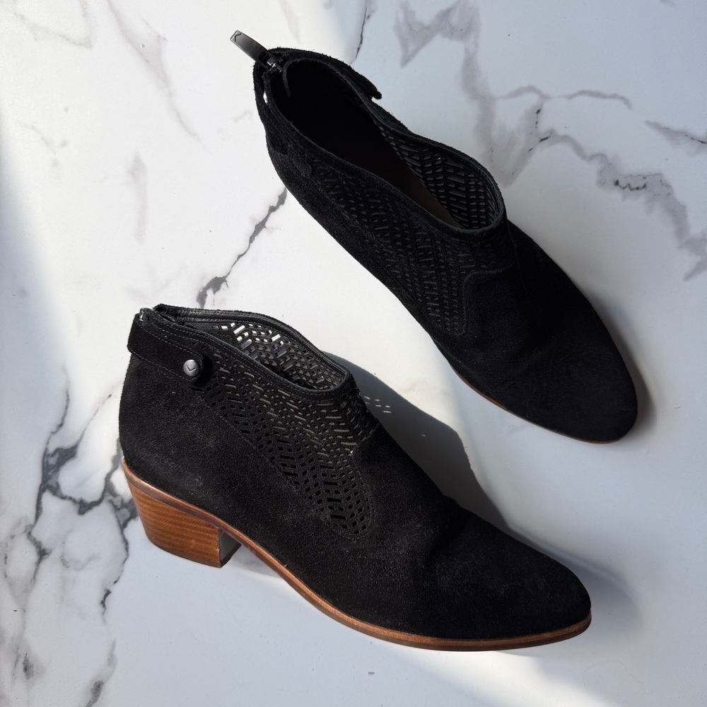Via Spiga Chrissy Black Suede Laser Cut Ankle Boots Size 10.5